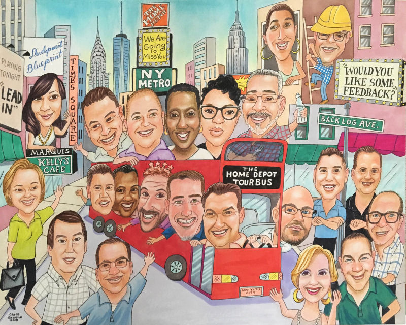 Portrait Gift from Home Depot Executive to retiring employee. 22 people with a Times Square background.