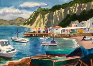 Watercolor seaside harbor with boats and cliffs