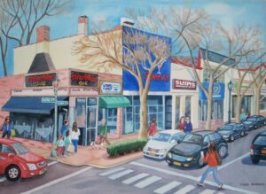 Painted downtown street scene with shops, pedestrians