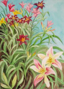 Watercolor painting of pink and yellow lilies