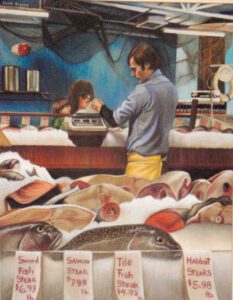 A fish market with fresh seafood on ice.