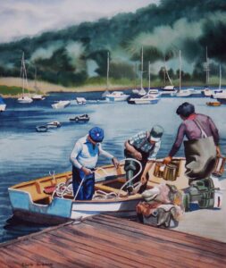 Three people preparing boat at dock
