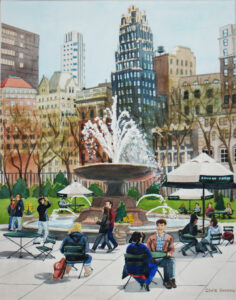 Urban park fountain with people and skyscrapers