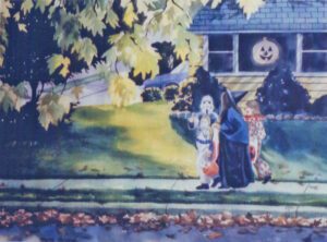 Children trick or treating on Halloween.