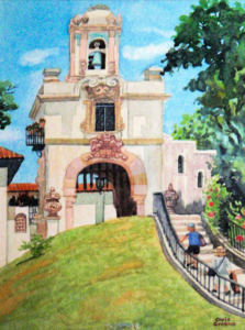 Watercolor painting of Spanish archway and steps