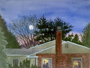 House at dusk with moon and lit windows