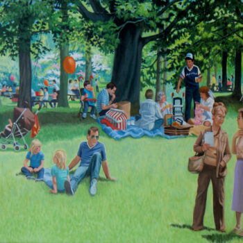 Family picnic in a park with trees.