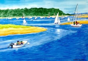Watercolor painting of sailboats on blue water