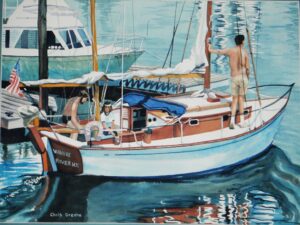 People on sailboat docked in marina