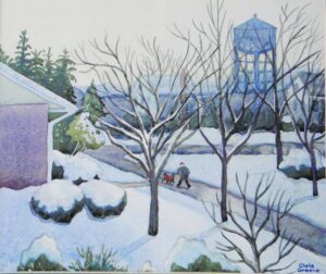 Snowy scene with person walking a dog