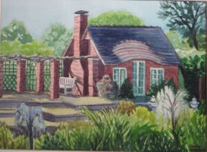 Watercolor cottage with garden and pergola