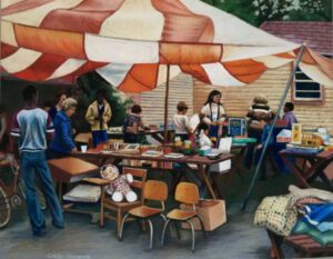 Children gathered under a striped awning at a yard sale.
