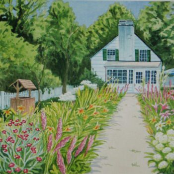 Watercolor painting of a house with a garden path.