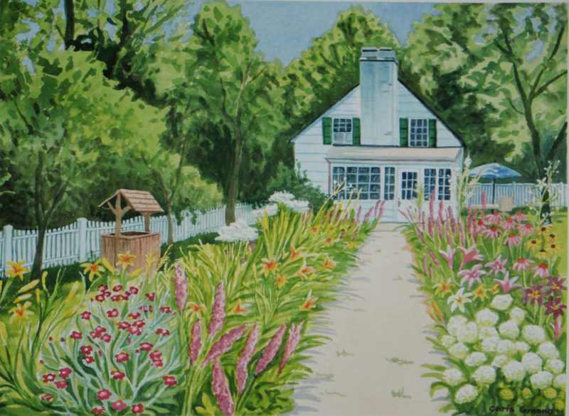 Watercolor painting of a house with a garden path.