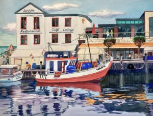 Watercolor painting of boat at harbor restaurant