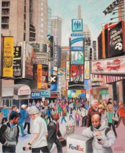 Times Square, NYC, crowded street scene.