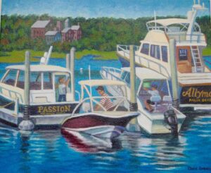 Boats docked at a marina with reflections