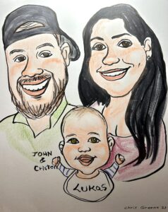 Caricature of John, Christen, and baby Lukas.