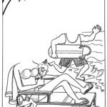 Black and white cartoon of a beach scene.