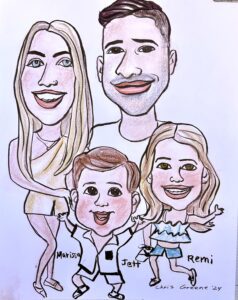 Caricature of a family of four smiling.