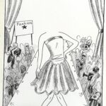 Black and white drawing of a model walking the runway.