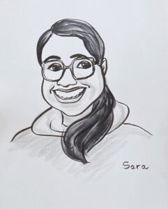 Black and white drawing of Sara smiling.