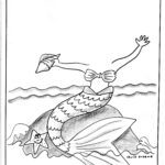 A mermaid waving in the ocean.