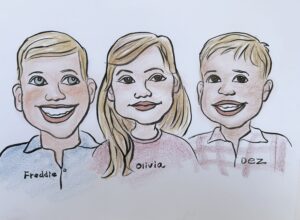 Caricature of Freddie, Olivia, and Dez.