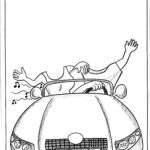 Black and white drawing of a car.
