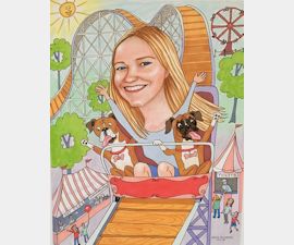 Woman and two dogs on a roller coaster.