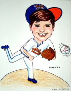 Cartoon of boy in Mets uniform pitching a baseball.