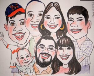 Caricature of family with baby.