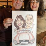 Caricature of couple in red car.
